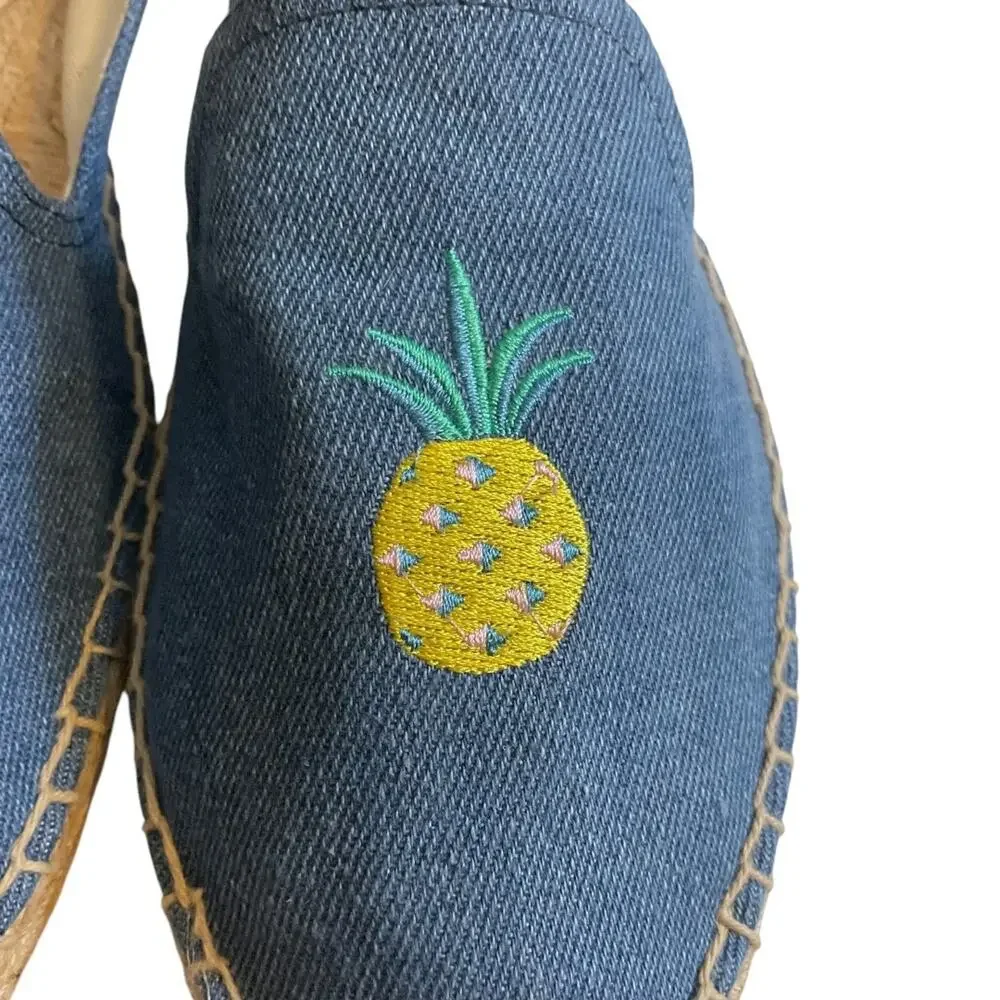 Anthropologie Soludos Chambray Blue Slip On Jute Espadrilles Women 10M Pineapple